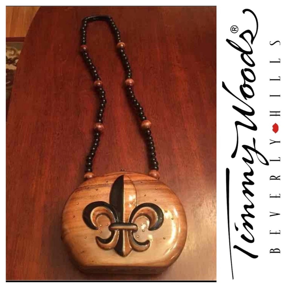 Timmy Woods Tan Wooden Crossbody Bag with Black Fleur-de-Lis